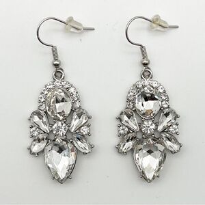 Sparkle Clear Rhinestone Silver Tone Dangle Statement Hook Fashion Earrings 1.5”